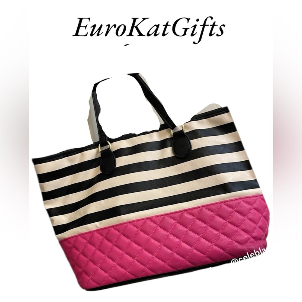 Black and Pink Striped Tote Bag Gently Pre Loved Roomy Colorful